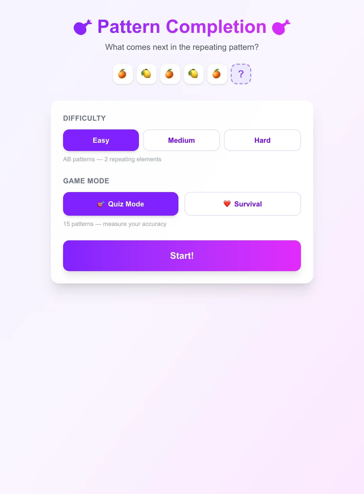 Completar Patrons - Què ve després? Completa patrons repetitius fets d'emojis com 🔴🔵🔴🔵__? Tria e