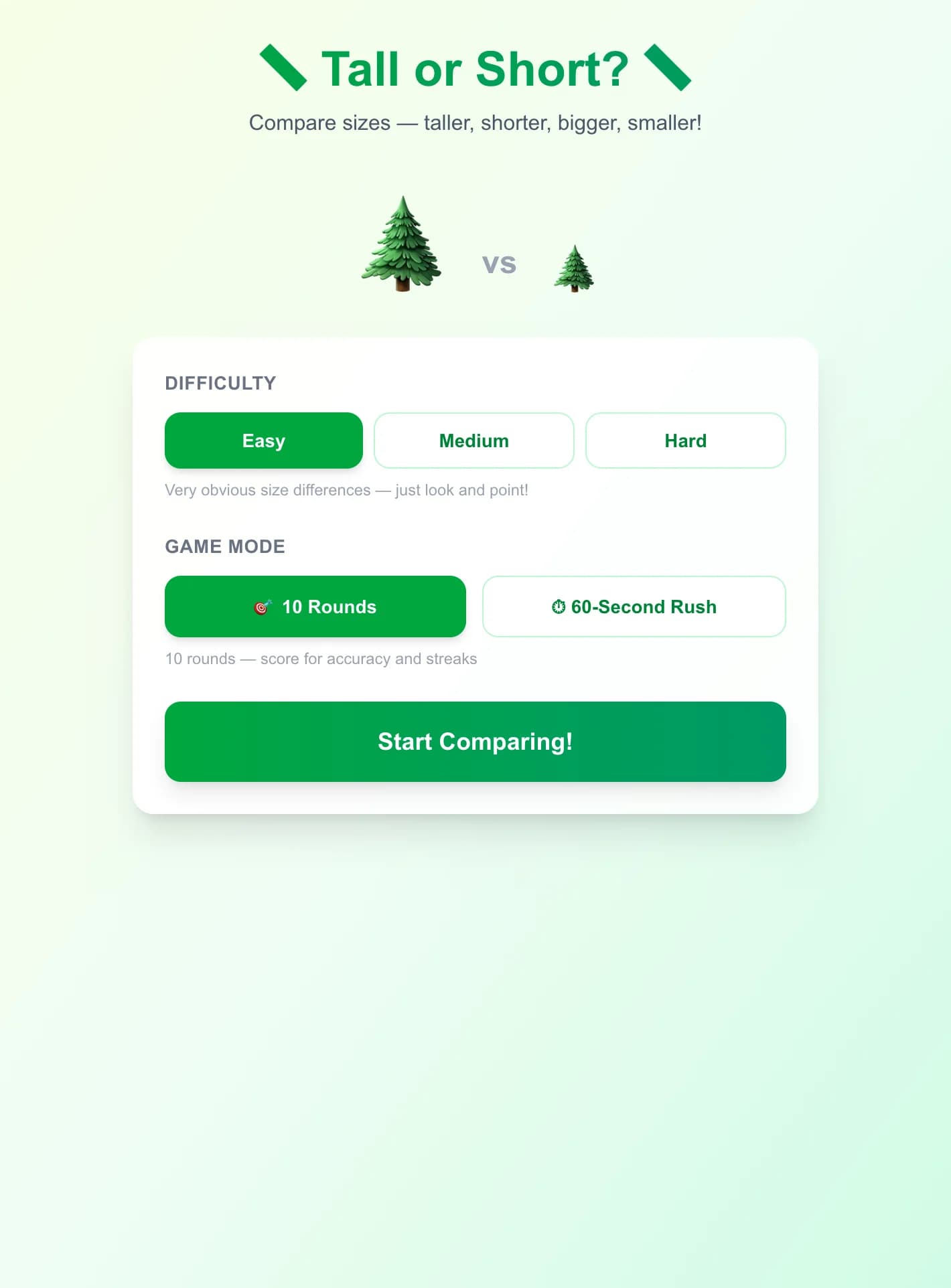 Tall or Short? - Two illustrated objects appear at different sizes — tap the taller, shorter, big